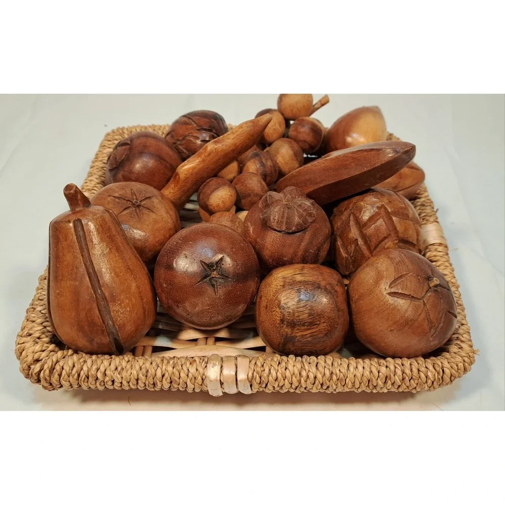 Vintage Hand Carved‎ Wooden Fruit Set with Woven Wicker Basket Centerpiece Decor